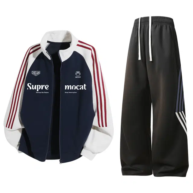 吾皇猫 学院风美式复古舒适透气条纹百搭高街拼色长袖开衫卫衣直筒长裤休闲运动套装 男女同款