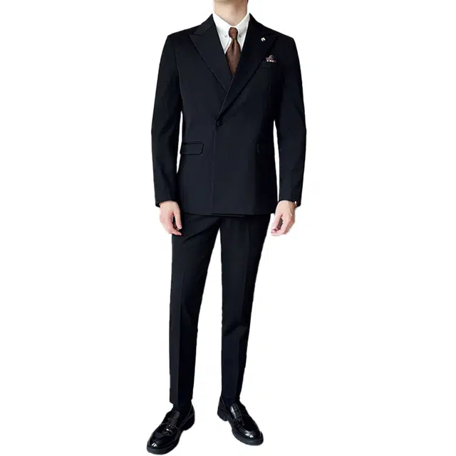 艾梵斯贝 高端轻奢纯色简约韩版轻熟一粒扣高级感修身休闲商务正装婚服礼服气质高品质职场约会绅士三件套西装套装 男款