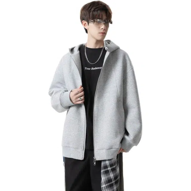 拓菲 美式设计感高领连帽夹克男款秋季潮牌纯色宽松慵懒风外套卫衣 男女同款