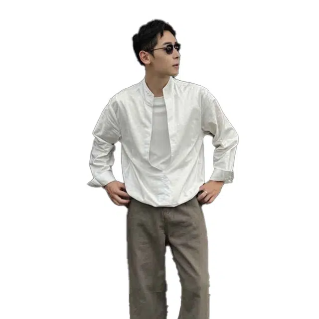 艾梵斯贝 美式风格潮流老钱风亚麻混纺假两件小众设计款无性别日常通勤百搭宽松休闲时尚高级感层次叠穿气质长袖衬衫 男款