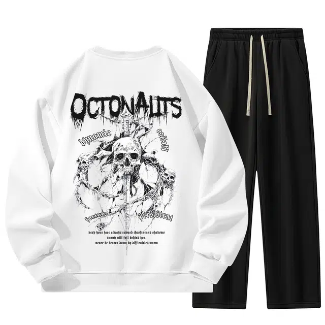 海底小纵队 美式高街骷髅头字母圆领落肩套头长袖中腰纯色长裤百搭宽松休闲运动套装 男女同款