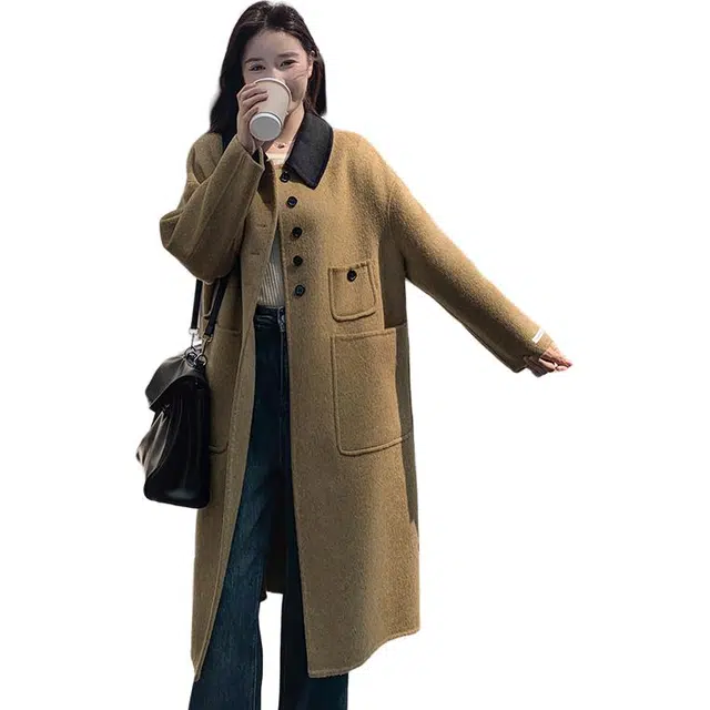 稻草人 学院风流行宽松羊毛双面呢子中长款气质毛呢外套大衣 女款