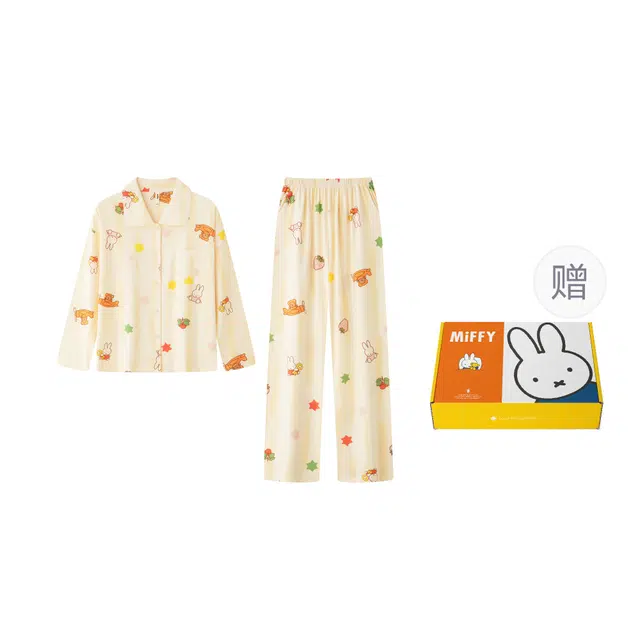 宫蝶 米菲长袖抗菌纯棉卡通家居服宽松休闲开衫可外穿睡衣套装 女款 礼盒装