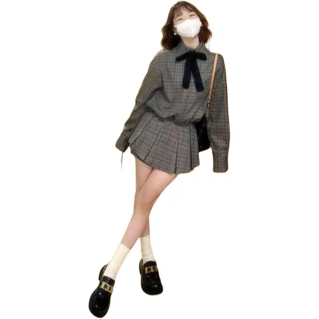 纤丝鸟 美式复古学院风格纹开衫外套高腰显瘦短裙裤裙装套装 女款