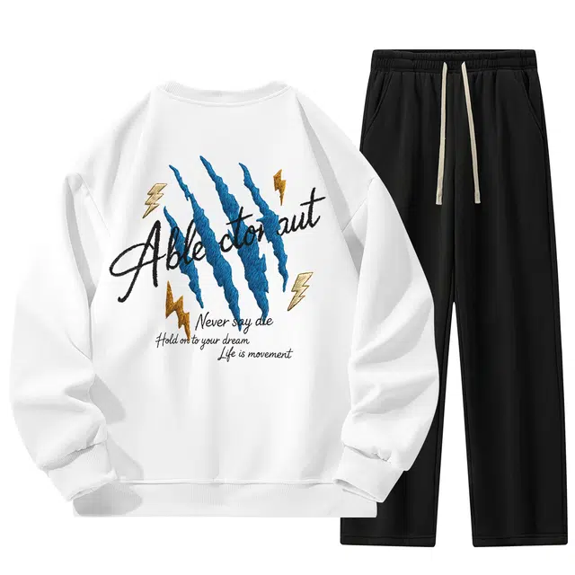 海底小纵队 美式高街简约印花中腰纯色阔腿休闲运动套装 男女同款