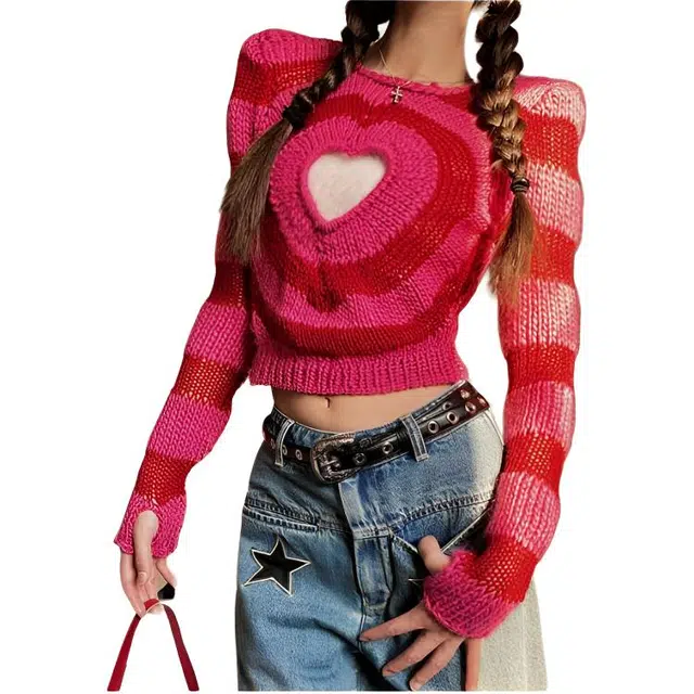 纤丝鸟 长袖衫短款上衣女潮辣妹爱心镂空修身针织衫 女款