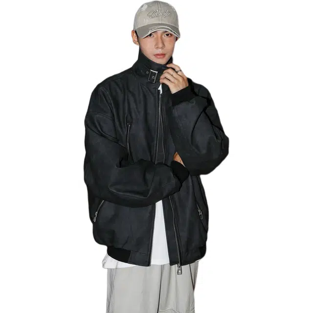 洋气先生 美式复古简约时尚百搭斜拉链大口袋小众高级感潮流帅气日常通勤运动休闲无性别主义防风防水保暖耐磨外套皮夹克 男女同款