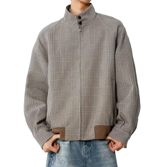 一碗士多  千鸟格贴布撞色拼接哈灵顿宽松休闲舒适百搭不挑人显瘦美式复古高街老钱风日常城市户外通勤出街拍照小众高级感棒球服 男女同款