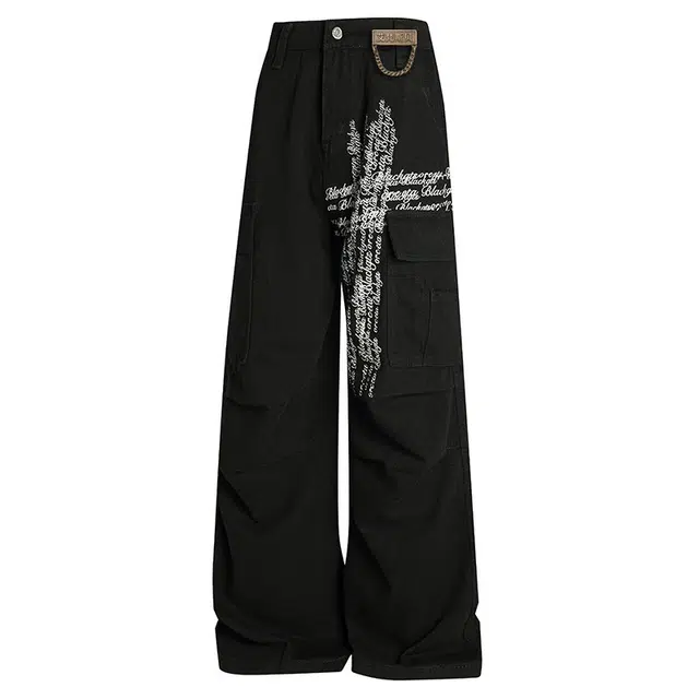 艾梵斯贝 美式复古潮流十字架字母印花水洗小众设计款工装裤多口袋无性别日常通勤百搭宽松时尚高级感个性高街休闲裤 男女同款