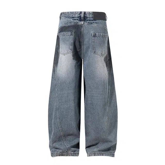 八哥 美式复古高街基础款拼接撞色破洞水洗做旧设计感潮流时尚显瘦显高弯刀裤日常通勤百搭垂感舒适柔软长裤牛仔裤 男女同款