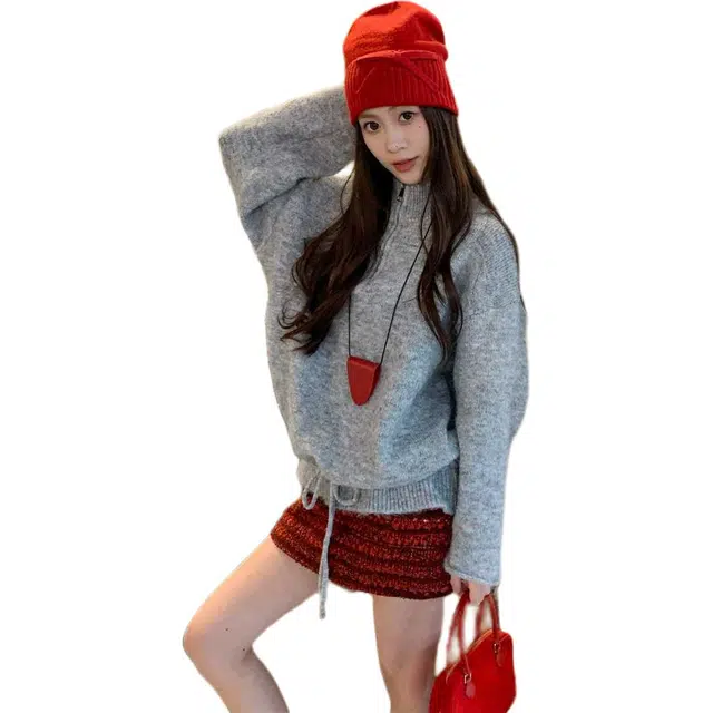 纤丝鸟 复古风格设计感半拉链高领慵懒风宽松套头上衣针织衫 女款