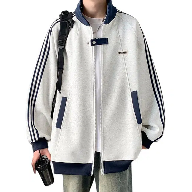 拓菲 立领开衫卫衣男秋季学院风三条杠运动美式复古条纹外套夹克 男女同款