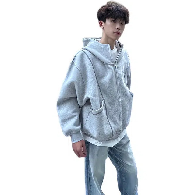 单爵 美式高街辑明线拉链开衫上衣男款秋高级感连帽衫夹克 男女同款