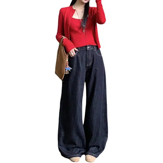如续 防褪色高腰显瘦宽松大阔腿休闲百搭设计复古时尚牛仔裤 女款