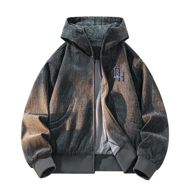 敦煌博物馆 美式高街潮流满天星绒感简约字母万针刺绣拼接剪裁廓形宽松百搭户外通勤舒适工装连帽夹克 男女同款