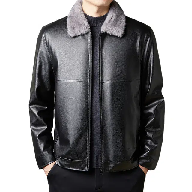 卡丹狄诺 翻领毛领中年皮夹克男驼绒填充黑金石墨烯蓄温棉服外套皮衣 男款