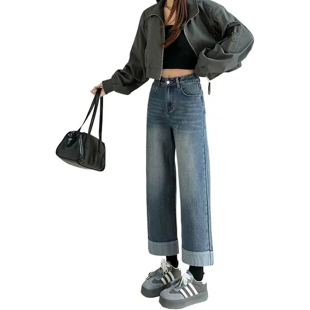 如续 美式复古高腰翻边弹力直筒长裤大码修身显瘦百搭八九分裤小个子牛仔裤 女款