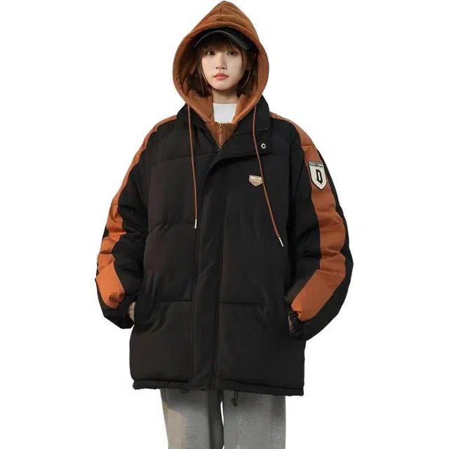 纤丝鸟 假两件服女宽松中长款连帽衣外套美式小众面包服棉服 女款