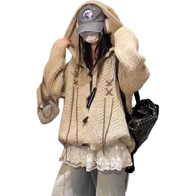 纤丝鸟 美式复古简约时尚舒适设计感连帽宽松开衫上衣针织衫 女款