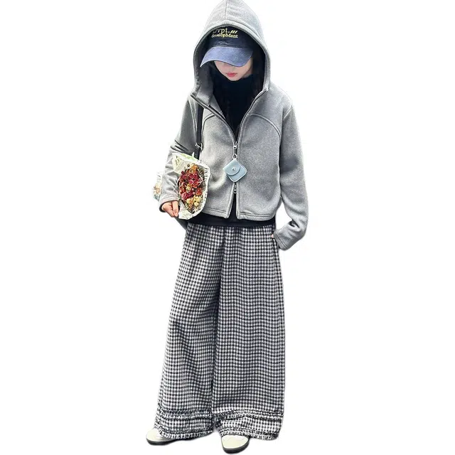 帕兰朵休闲运动套装 女童韩系随性舒适一体绒连帽卫衣开衫宽松显瘦格子裤中大童韩范冬季加绒加厚保暖时尚两件套 青少年