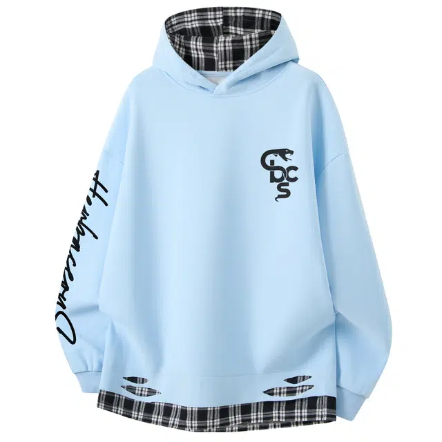 草本初色 美式潮流复古高街撞色拼接格子假两件创意格纹设计感艺术字花体印花简约百搭透气舒适柔软秋季学连帽拉链开衫卫衣 男女同款