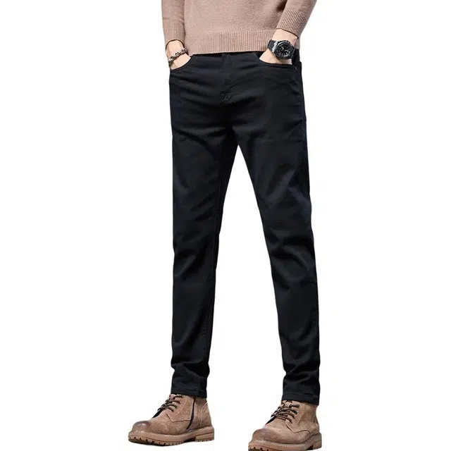 潮人榜 秋冬季高端潮牌复古修身小直筒痞帅男士长裤子韩版潮流百搭休闲弹力显高显瘦通勤轻奢高品质黑色牛仔裤 男款