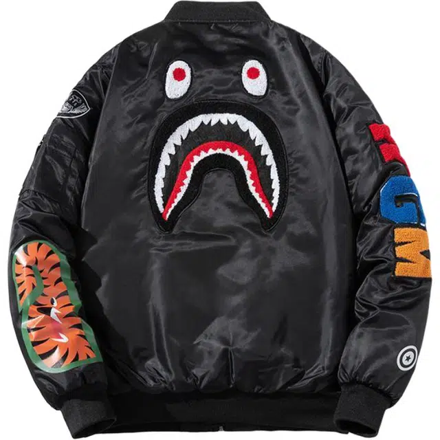 沐诚阳译 秋冬季潮牌加厚飞行员棉服男情侣毛巾刺绣棉衣棒球服鲨鱼外套夹克 男款