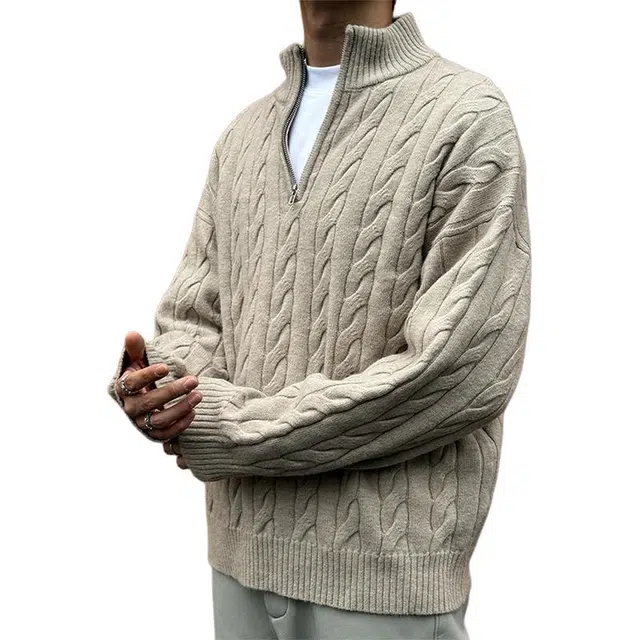 单爵 半拉链绞花上衣男款秋冬美式复古慵懒针织衫 男女同款