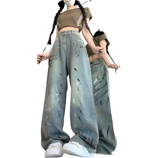 宝米卡 美式复古泼墨水洗阔腿显瘦直筒长裤牛仔裤 男女同款