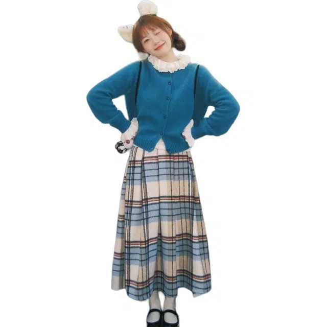 纤丝鸟 格子合身适中翻领长袖裙装套装 女款