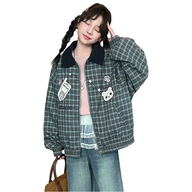 帕兰朵儿童上装 女童时尚潮流百搭秋装棒球服外套韩系中大童时髦翻领卡通绣花格子 青少年