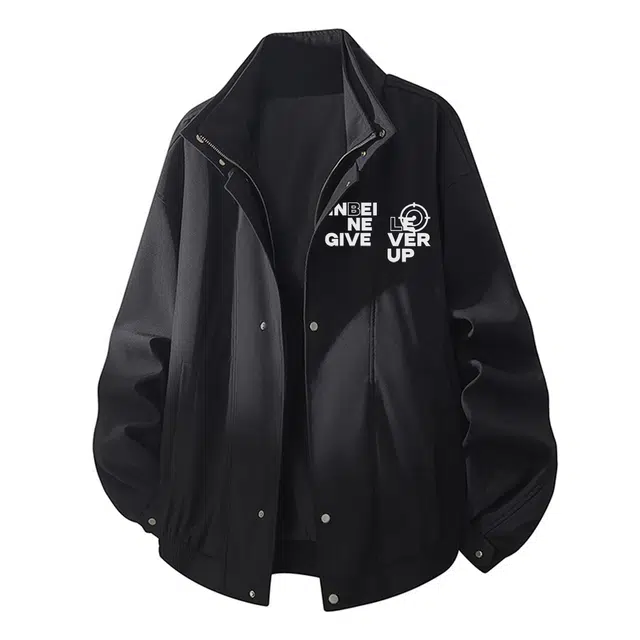 金贝勒 假两件双层领设计经典复古纯色立领织唛标印花通勤开衫宽松休闲简约长袖拉链工装外套夹克 男女同款