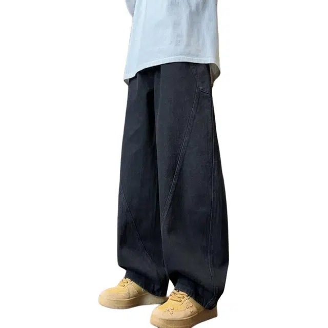 特斯型 阔腿牛仔裤男秋冬青少年潮牌痞帅美式裤子男宽松只有水洗弯刀长裤 男款