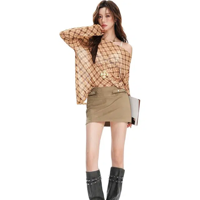 如续  美式麂皮绒卯钉装饰高腰包臀时尚修身显瘦百搭休闲短裙 女款