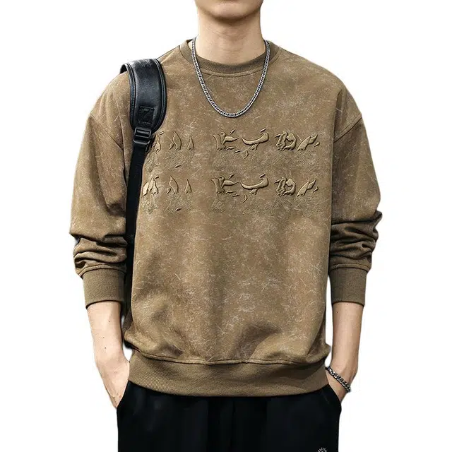 前进牛 美式经典复古潮牌运动风哥特字母刺绣宽松大码圆领休闲户外百搭潮流长袖上衣卫衣 男款