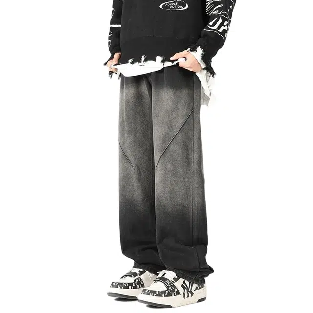 棉基因 美式复古做旧微喇叭渐变高街水洗基础款简约舒适透气亲肤休闲通勤百搭垂感中腰阔腿直筒牛仔裤 男女同款