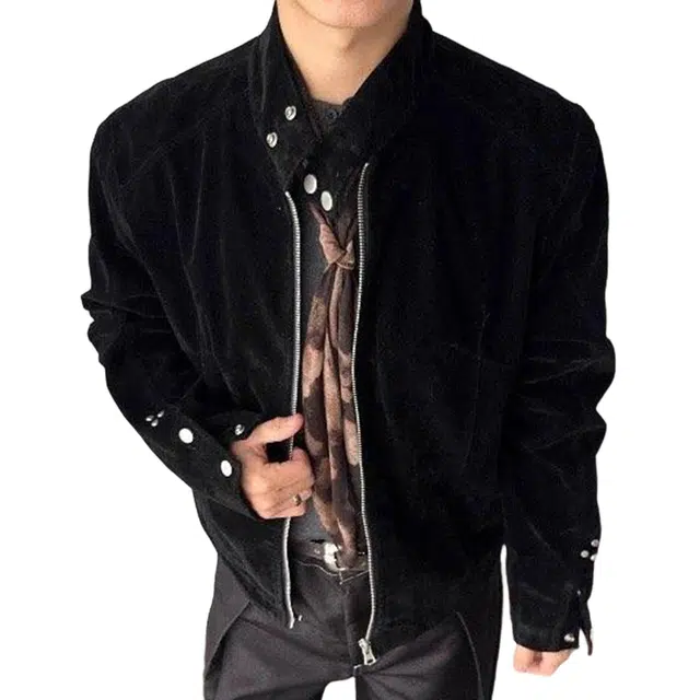 冈哉 麂绒皮哈灵顿立领上衣纽扣拼接美式复古工装机车飞行时尚痞帅潮流百搭夹克外套 男女同款