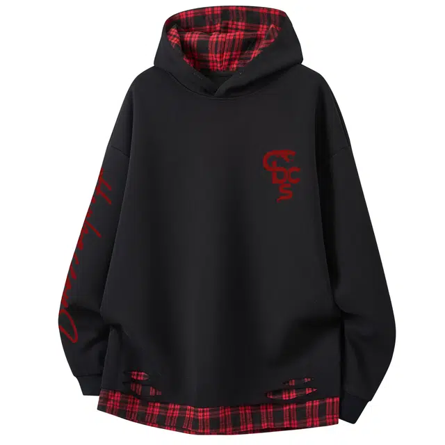 草本初色 美式潮流复古高街撞色拼接格子假两件创意格纹设计感艺术字花体印花简约百搭透气舒适柔软秋季学连帽拉链开衫卫衣 男女同款