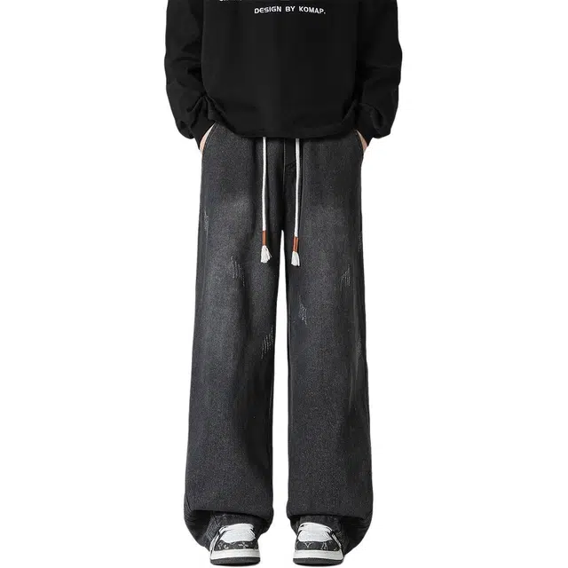 顶峰保罗 美式高街工装休闲裤无性别主义宽松大码直筒阔腿百搭运动长裤弹力抽绳显高显瘦简约拖地垂感牛仔裤 男女同款