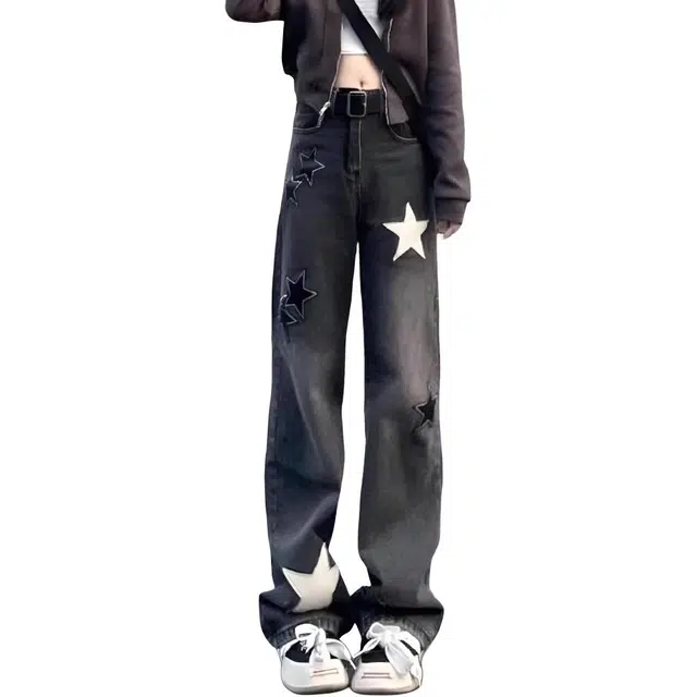 囍鱼少女 设计感星星直筒裤大码胖妹妹显瘦裤子粗腿屁股大美式阔腿长裤牛仔裤 女款