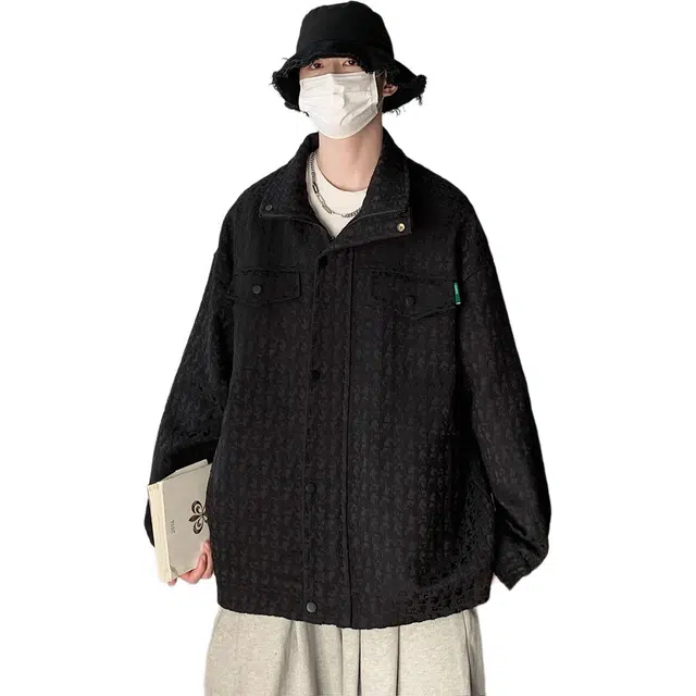 洋气先生 美式复古简约时尚百搭学院风满印提花压花纯色基础款小众高级感潮流帅气日常通勤运动休闲宽松防风保暖耐磨外套夹克 男女同款