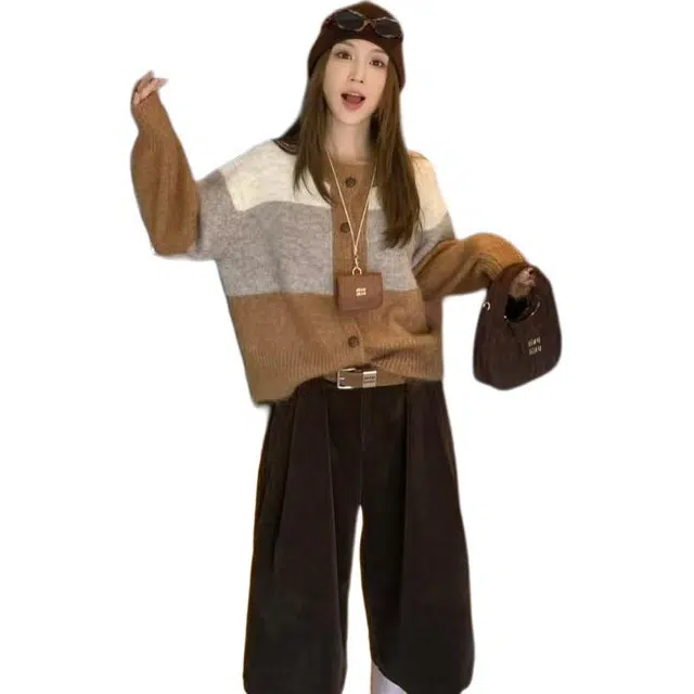 纤丝鸟 舒适时尚条纹撞色设计韩系慵懒感百搭复古上衣针织衫 女款