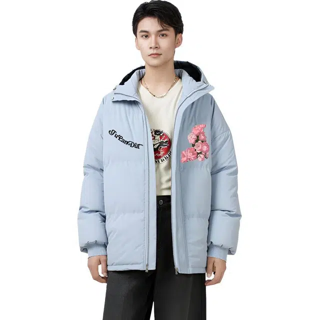 图兰朵 美式复古花束连帽字母印花加厚保暖宽松舒适高街潮流百搭高级感面包服外套棉服 男女同款