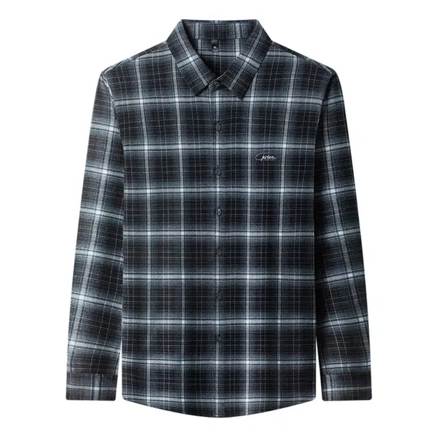 卡丹狄诺 磨毛刺绣格子男士长袖秋冬季休闲纯色百搭款衬衫 男款