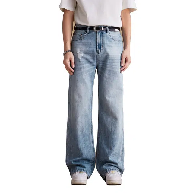潮人榜 美式闪电裂纹复古水洗做旧秋季百搭潮牌宽松阔腿休闲直筒微喇叭磨破洞牛仔裤 男女同款