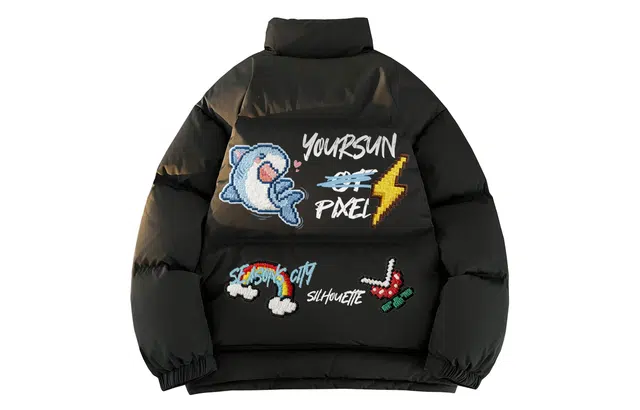 宜而爽 美式高街复古潮流学院风仿刺绣卡通图案字母印花宽松运动加厚防寒保暖立领鸭绒外套日常通勤休闲百搭户外轻薄羽绒服 男女同款