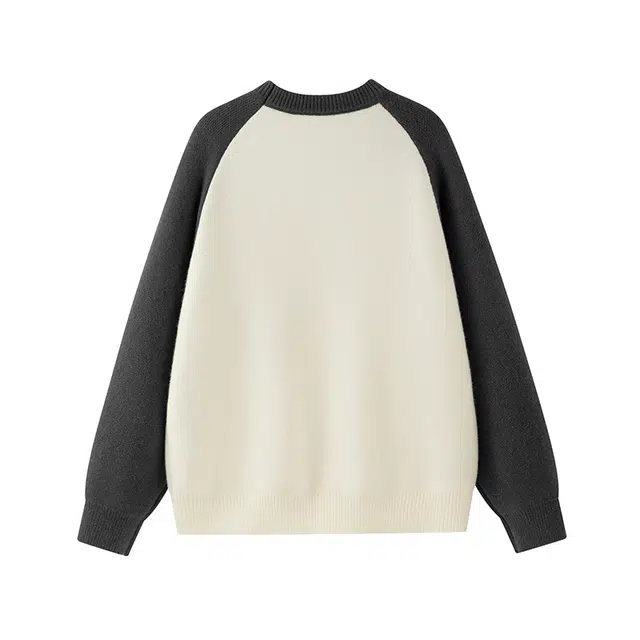 吾皇猫 慵懒风美式复古基础款简约百搭圆领套头秋冬款打底衫舒适透气时尚学院风拼接拼色长袖针织保暖上衣内搭休闲毛衣 男女同款