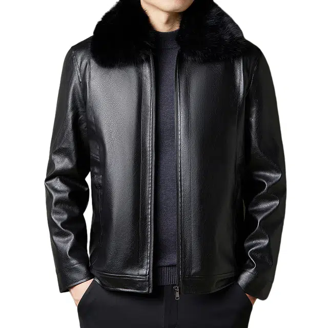 卡丹狄诺 翻领毛领中年皮夹克男驼绒填充石墨烯蓄温棉服皮衣外套 男款