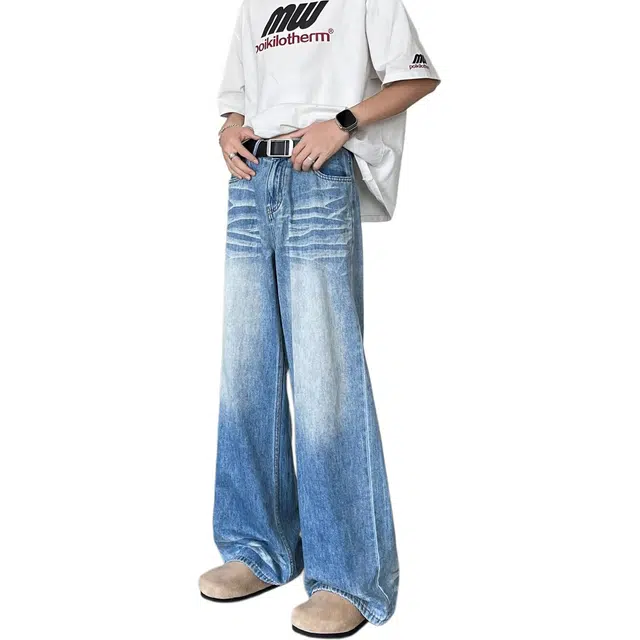 洞洞拐 美式高街折痕做旧水洗阔腿宽松设计感高腰直筒垂感拖地牛仔裤 男女同款