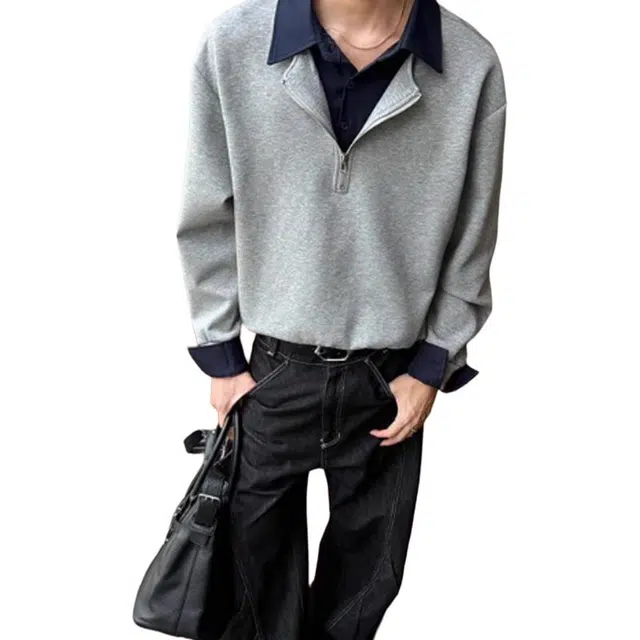 单爵 假两件衬衫领上衣男秋季美式复古翻领长袖卫衣 男女同款